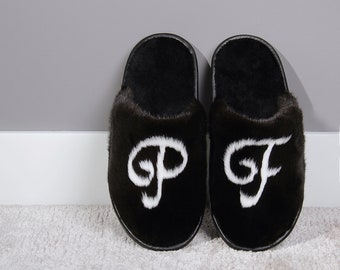Women Slippers Mink with Monogram, Customized Fur: All Lettes, Black and White Real Mink, Unique handmade gift for her, Genuine Leather