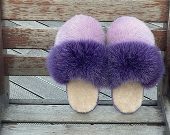 Women Slippers with Purple Fox, Natural Purple Mink Fur, Sheepskin Insole and Genuine Leather. Best Christmas Gift for Her