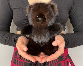 Dunkelbrauner Nerz Teddybär, Echtpelz Teddybär Sammlerstück, Natürliche Nerz Interior Spielzeug Nettes Weihnachtsgeschenk, Bär handgemachtes, luxuriöses Geschenk
