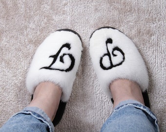 Real Fur Slippers for Woman, 7US Size, Outsole for home,  "F" - left slipper, "P" - right slipper, READY TO SHIPPING, Last Pair