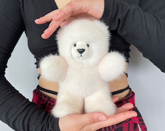 Premium Pearl Nerz Pelz Teddybär - Echter Naturpelz Sammler Plüsch, flauschiges handgemachtes Geschenk für Freunde & Teddy-Liebhaber, ausgestopfter Bär