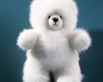 Teddy Bear Decor for Collector, Keepsake White Real Fur Bear, Handmade Fuzzy Mink Bear, Stuffed Toy Bear, FREE SHIPPING