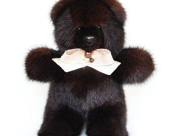 Real Fur Teddy Bear, Dark Brown Natural Mink Keepsake Bear, Cute Handmade Stuufed Bear, Memorable Accessory of Original Fur, FREE SHIPPING