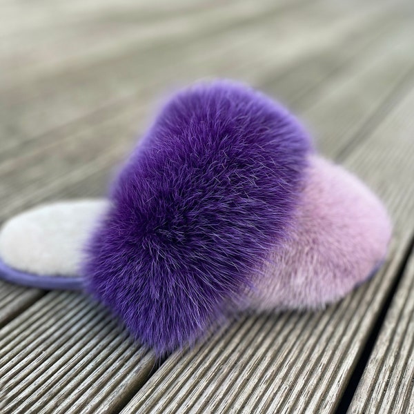 Slippers for Man of Real Fur, Lilac Cross Mink and Purple Fox, Fluffy Home or Street Uggs for a Christmas Gift, Sheepskin Insole & Leather