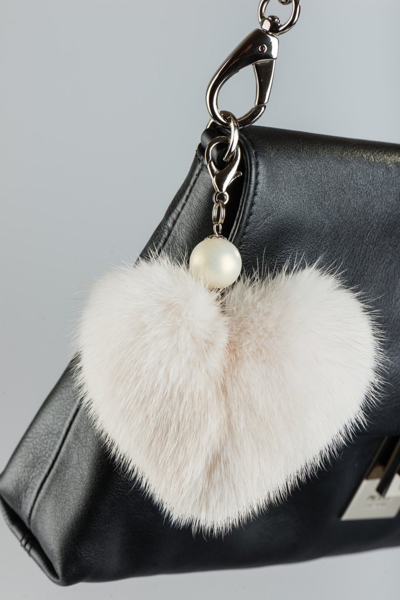 Love Purse Charm with Beads Memory Pendant of Real Beige Mink Fur Keychain Heart