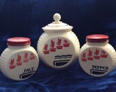 Salt and pepper , grease pot, Vitrock Art Deco Range set, Fire King, Flower Pots Pattern , Kitchen Milk Glass