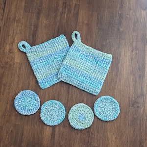 Crochet Hot Pads, Pot Holders, Double Thick, 7”x 7”  Set of 2 with Matching Coasters, Trivets, Farmhouse Kitchen, Crochet Potholders