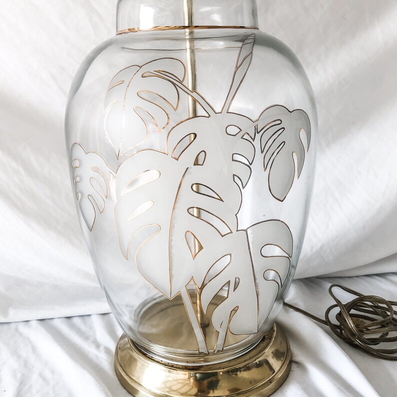 80s clear glass lamp with frosted monstera leaves clear lamp glass lamp monstera lamp plant decor decorative lamp leaf lamp
