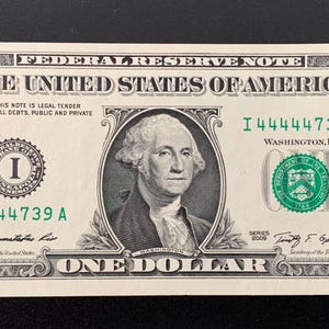 2009 One Dollar Note Fancy Serial Number 5 Of A Kind I 44444739 A