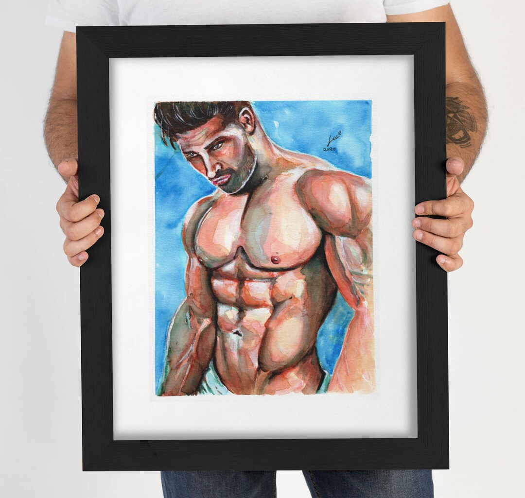 PRINT Tirage aquarelle Muscle Man Art gay original photo
