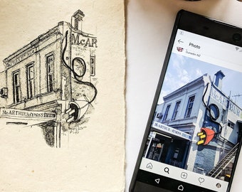 Original bläckteckning av en byggnad i Dunedin Nya Zeeland, skissbokskonst, original bläckkonstverk teckning på återvunnet papper, arkitekturkonst