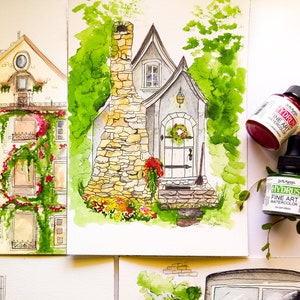 Tiny House Watercolor Painting, Original Watercolor Art, Watercolor Architecture, Nursery Decor, Carmel, California, Architecture Art, Kids