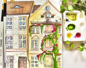 Akvarellmålning av hus i Prag, akvarellarkitekturmålning, huskonst, barnrumsinredning, sagobokskonst
