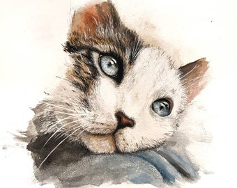 Sömnhuvud! Akvarellmålning, original akvarellkonst, husdjursporträtt, konstverk i akvarell, kattdamens födelsedagspresent, kattkonst