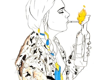 Slava Ukraini! 11x14 blyerts- och akvarellteckning, originalporträttteckning, flicka med en Molotovcocktail