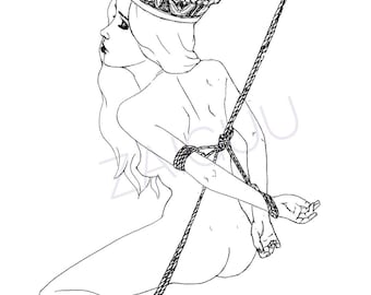 Tautumeita. Shibari-konst, original blyertsteckning, kroppspositivitetskonst, 14x11" blyertsteckning, personporträtt, repkonst, konst av bunden flicka