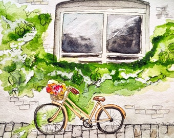 Söt original akvarell cykel- och fönstermålning, barnrumsdekor, sagobokskonstverk, 18x25 cm oramad målning