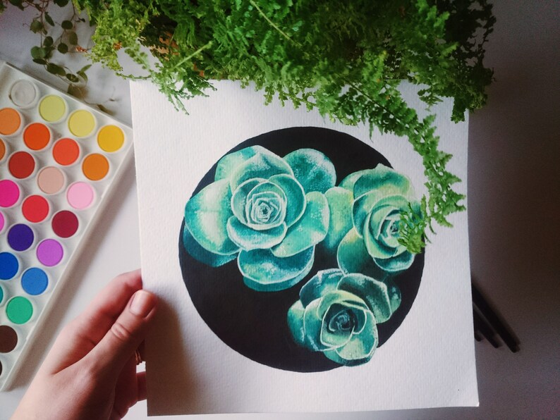 May include: A watercolor painting of three green succulents on a black background. The succulents are painted in a realistic style with detailed leaves and petals.