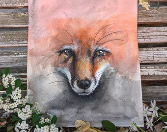 Akvarellmålning av räv, 25x33 cm, original akvarellmålning, barnrumsinredning med räv, rustik heminredning, skogsdjur, original rävkonst