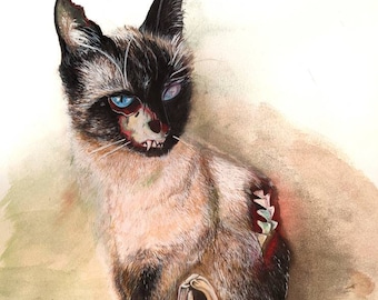 Zombie cat! 11x14x original watercolor Siamese zombie cat painting, Halloween themed art, Halloween art, pet portrait, cat portrait, cat art