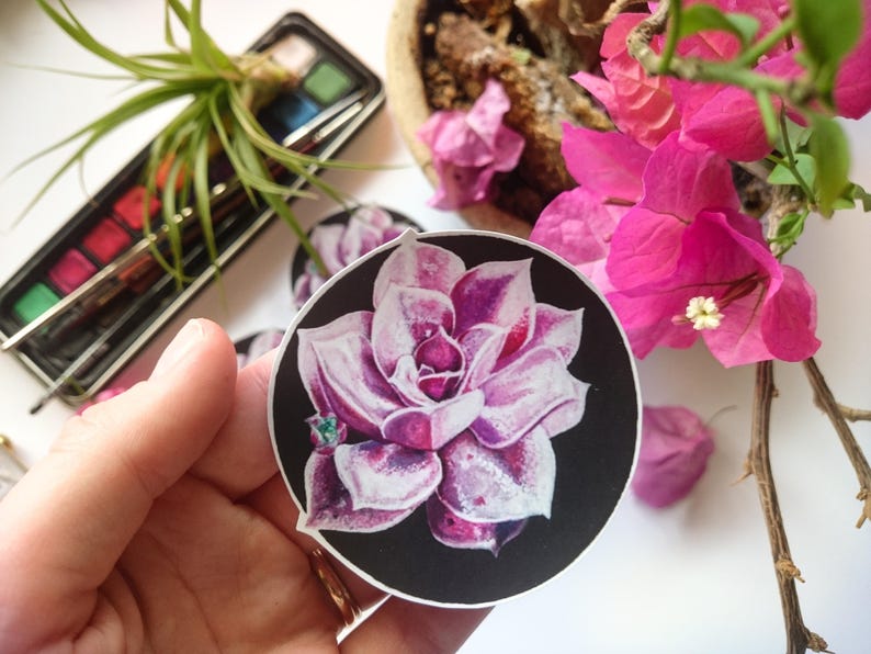 May include: A close-up of a sticker featuring a pink and purple succulent flower with a black background. The sticker is round and has a white border.