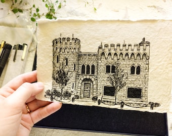 Fula slottet i Boise, 12,5x18 cm original tuschteckning, arkitekturteckning, Boise Idaho, Idahome, Tuschteckning, konst från återvunnet papper, konst från Idaho