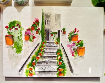 Barnrumsinredning, Original akvarellmålning, Akvarellkonstverk, Arkitekturmålning, Akvarell, Spanien Andalusien, Akvarellblommor Konst