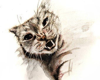 En lite grinig kattunge som heter Gabriel, originalt akvarellporträtt av husdjur, porträtt av tabbykatt med kort hår, originalkonstverk, oramat