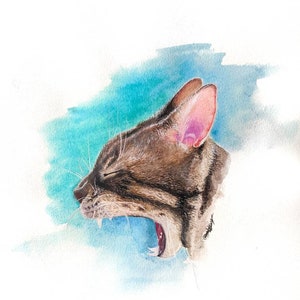 Aquarell Bengal Katze, Gähnende Bengal Katze, 11x14 Zoll Aquarell, original Haustier Porträt, Aquarell Katzen, bildende Kunst Katzen