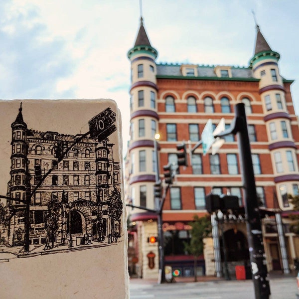 The Idanha building in Boise Idaho, original Ink architecture drawing on recycled paper, 4.5x7" unframed, sketchbook drawing, Boise artwork
