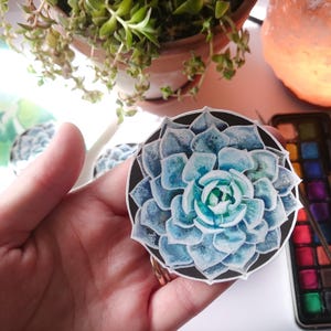 May include: A close-up of a blue and green watercolor succulent plant sticker. The sticker is round and has a black background.