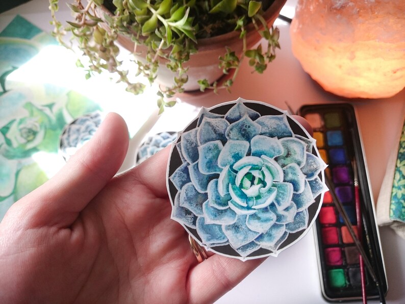 May include: A close-up of a blue and green watercolor succulent plant sticker. The sticker is round and has a black background.