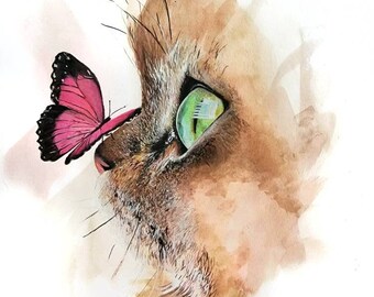 Akvarell katt med en rosa fjäril, original 11x14" akvarellmålning, husdjursporträttkonst, original akvarellkonst, kattdamepresent, kattkonst