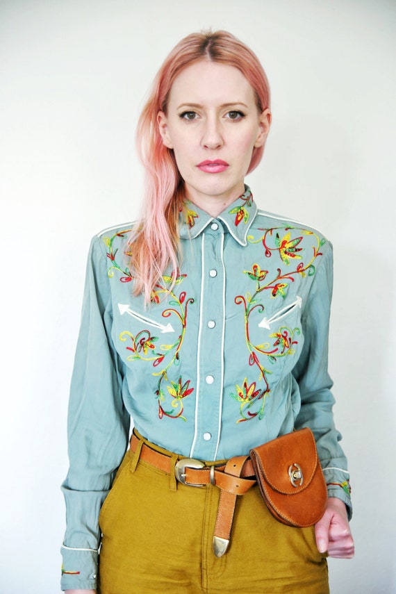 Vintage Cowboy Floral Embroidered Shirt Sz. Med Seafoam Green - Etsy