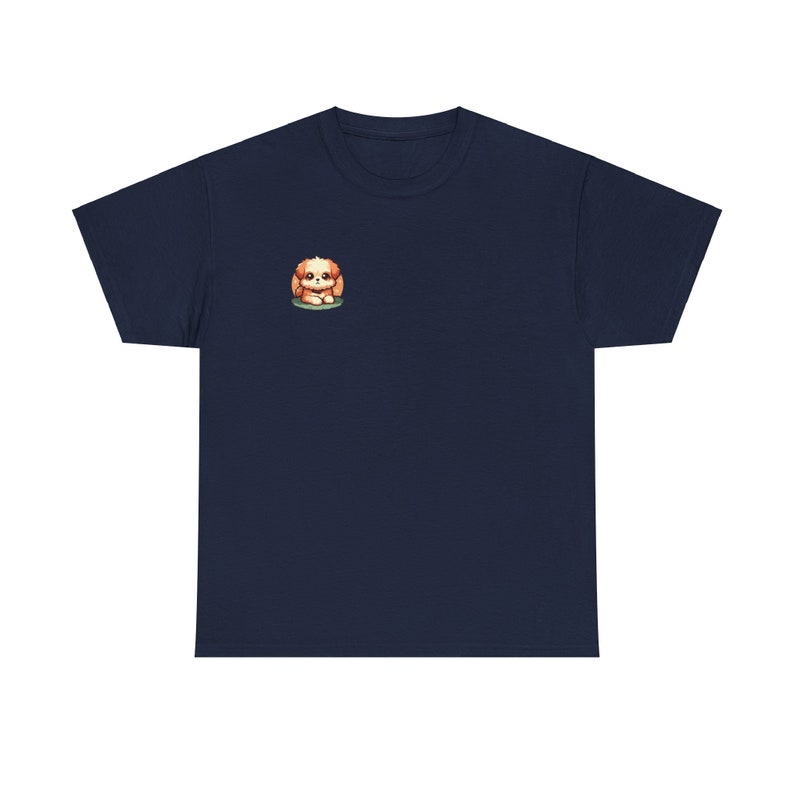 May include: Navy blue t-shirt featuring a small embroidered illustration of a brown and white Shih Tzu puppy sitting down. The puppy is centrally located on the shirt. The shirt is a classic crew neck style and appears to be made of a soft, comfortable fabric.  The overall style is casual and cute, perfect for dog lovers.