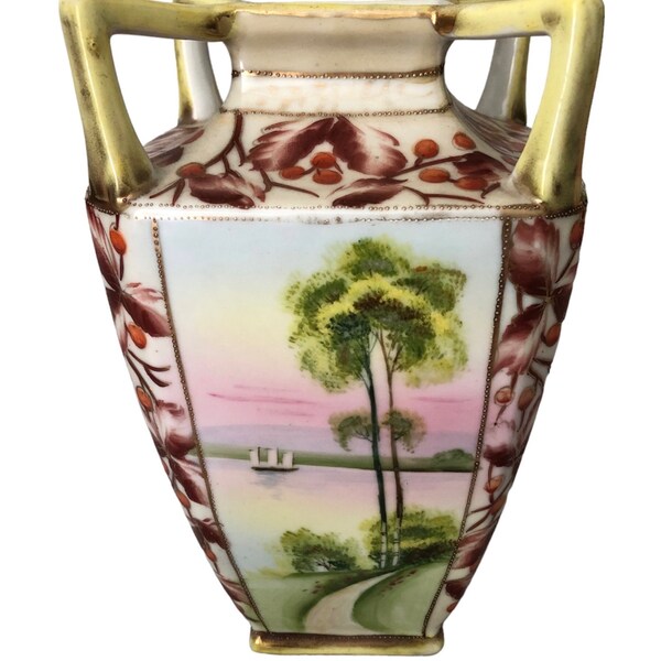 L & Co NIPPON VASE c.1900, ceramic, 4 sided decorated with trees, a river and sailing boat