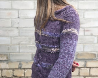 knitted chunky sweater, Lilac jumper, handmade sweater, cable knit pulower, Christmas gift