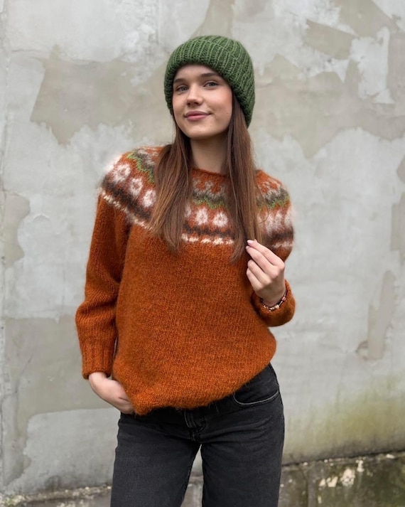 Pull en laine jacquard tricoté à la main Pull orange rouille S/M