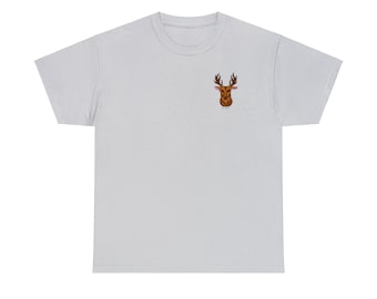 May include: A light gray t-shirt with a brown deer head graphic on the front.