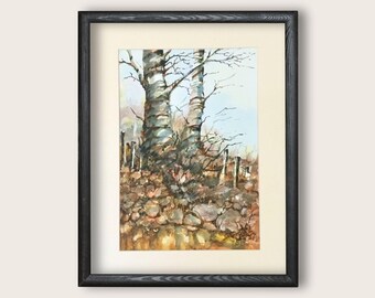 Two Rustic Trees in the Countryside in WaterColour in a definite style by Barry Baxter,