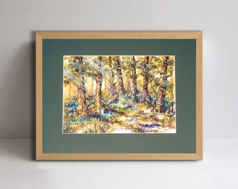 Atmospheric WaterColour Painting of Spring Trees in a dense Wood, #3 a positive style by Barry Baxter,