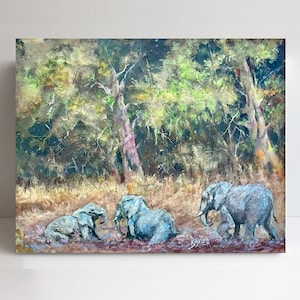 Unique Oil painting of Elephants, Wildlife of Africa Art by Barry Baxter, One off African wall art, original hand painted wall art
