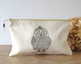 Owl zipper pouch, Stamped pouch, Make up bag