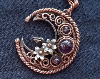 Collier pendentif forêt en améthyste, fleur de croissant de sorcière élégante - Collier forêt charmant en cuivre et améthyste - Pendentif wicca