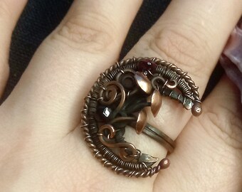 Crescent Garnet Adjustable Mushroom Ring - Fancy Garnet Witch Ring - Coctail Unique Ring - Wiccan Copper Garnet Ring - Moon Mushroom Ring