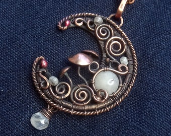 Charming Elegant Witch Crescent Mushroom Moonstone Forest Pendant Necklace - Copper And Moonstone Charming Forest Necklace - Wiccan Pendant