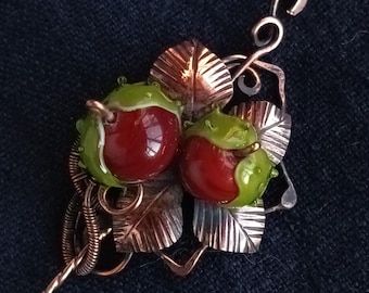 Chestnut Brooch – Copper Botanical Pin with Lampwork Glass Beads – Autumn Nature Jewelry