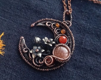 Collier pendentif forêt en pierre de soleil et agate, fleur de croissant de sorcière élégante - Collier forêt charmant en cuivre et pierre de soleil - Pendentif wicca