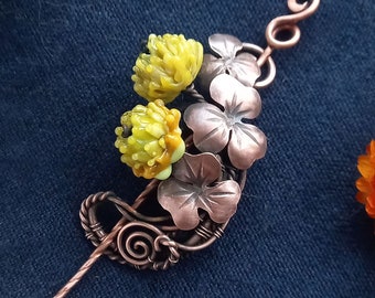 Yellow Clover Copper Fibula With Handformed Leaves And Lampwork Beads - Irish Hairpin - Shamrock Shawl Pin - Lucky Brooch