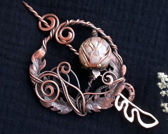 Copper Thistle Brooch with Handmade Lampwork Bead - Floral Hairpin - Statement Fibula with Lampwork Flower - Handforged Jewelry